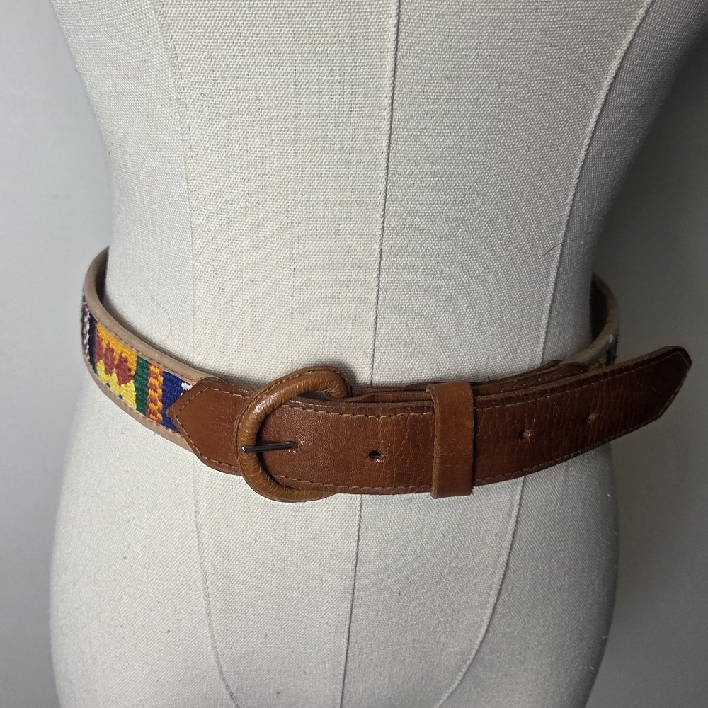 Leather and Colorful Woven Tapestry Belt